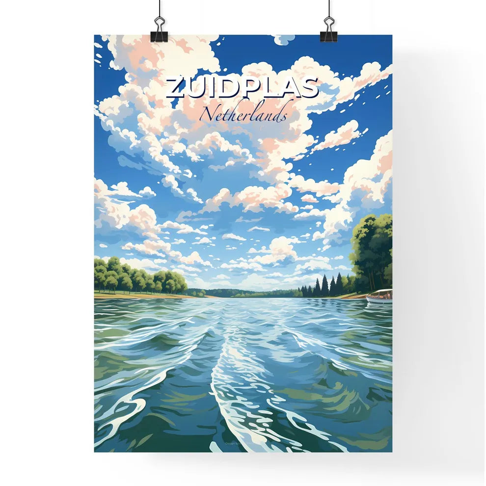 Zuidplas, Netherlands, A Poster of a body of water with trees and a boat on it Default Title