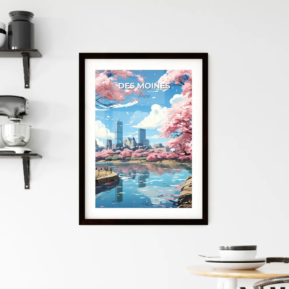 Des Moines, Iowa, A Poster of a river with pink trees and a city in the background Default Title