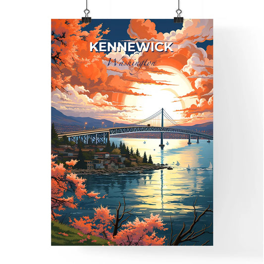 Kennewick, Washington, A Poster of a bridge over water with a city and trees and a sunset Default Title
