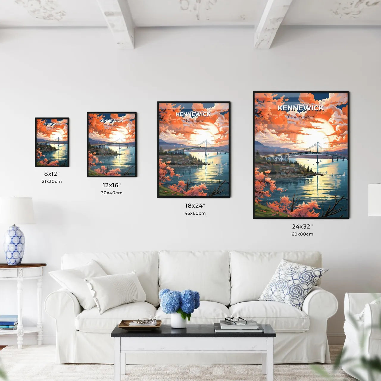 Kennewick, Washington, A Poster of a bridge over water with a city and trees and a sunset Default Title