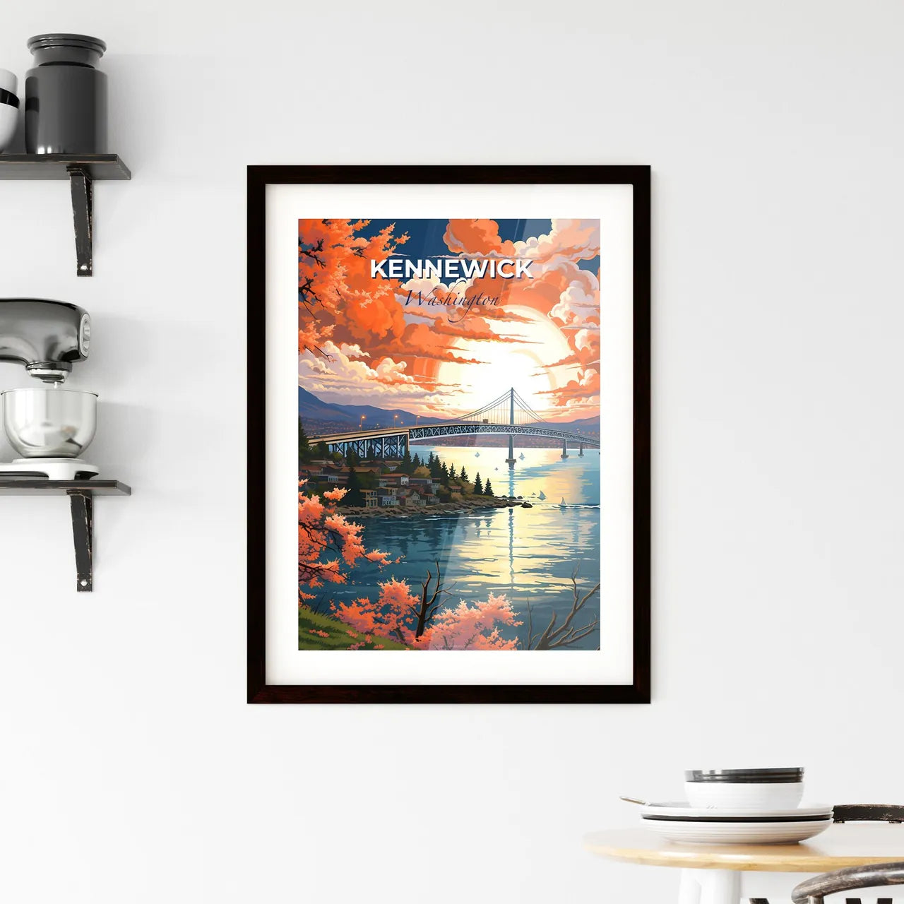 Kennewick, Washington, A Poster of a bridge over water with a city and trees and a sunset Default Title