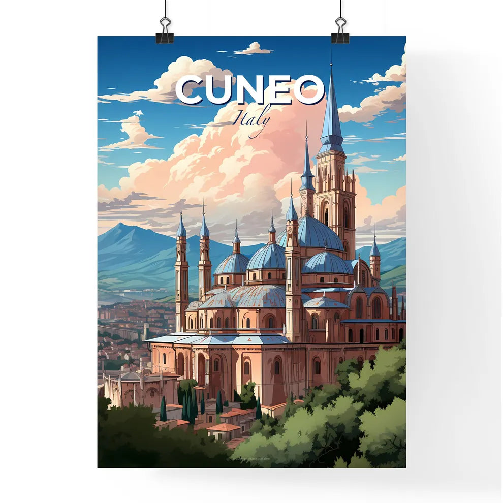 Cuneo, Italy, A Poster of a large building with a steeple and trees in front of it Default Title