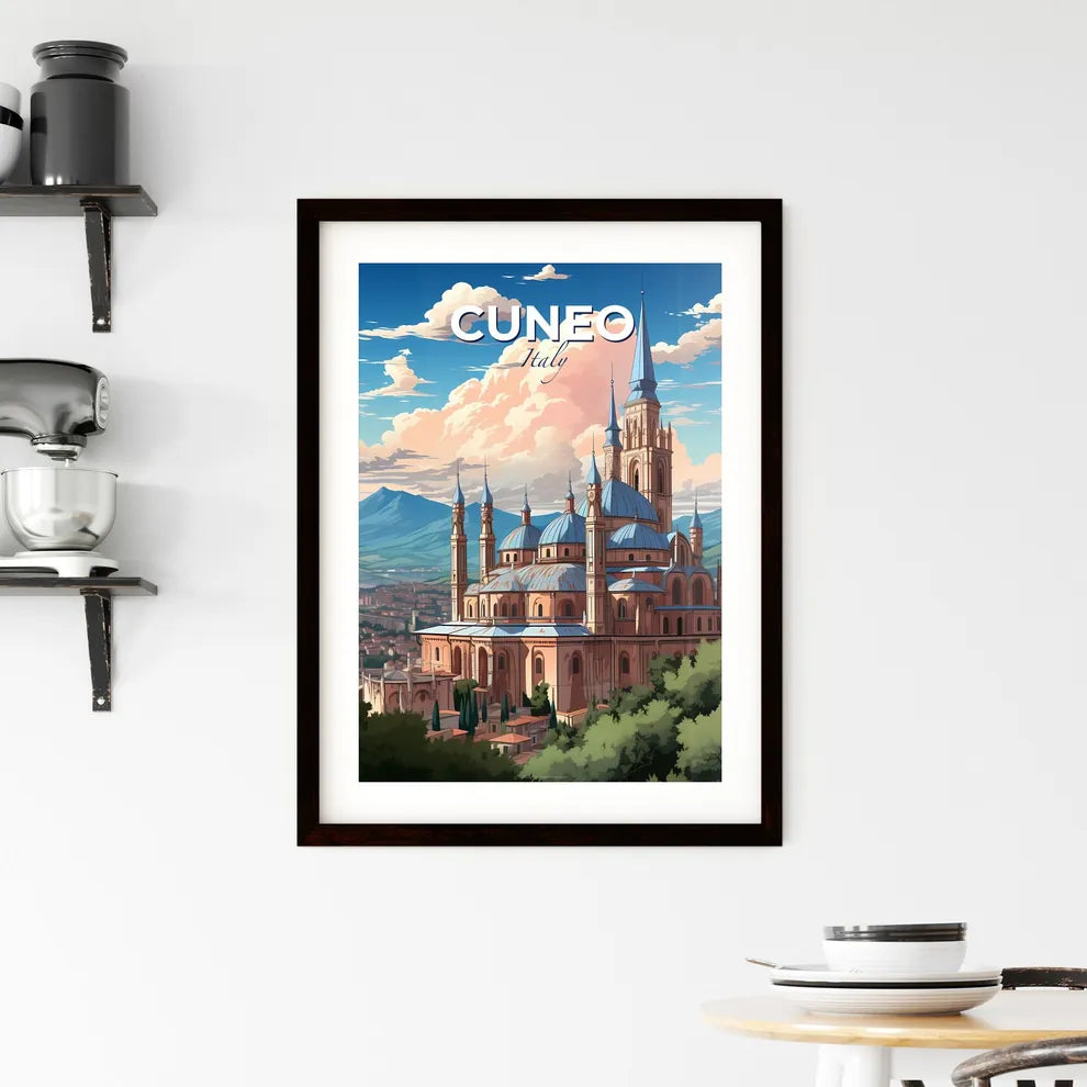 Cuneo, Italy, A Poster of a large building with a steeple and trees in front of it Default Title