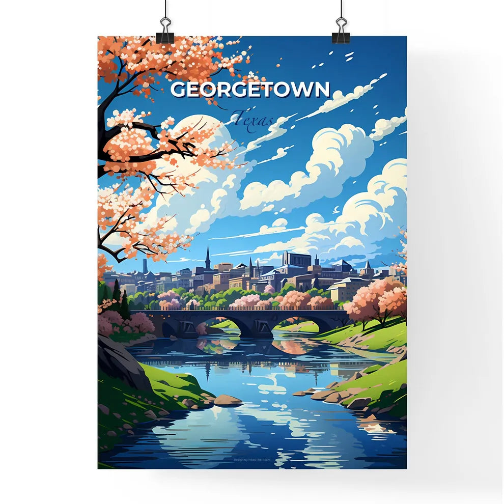 Georgetown, Texas, A Poster of a bridge over a river with pink trees and a city in the background Default Title