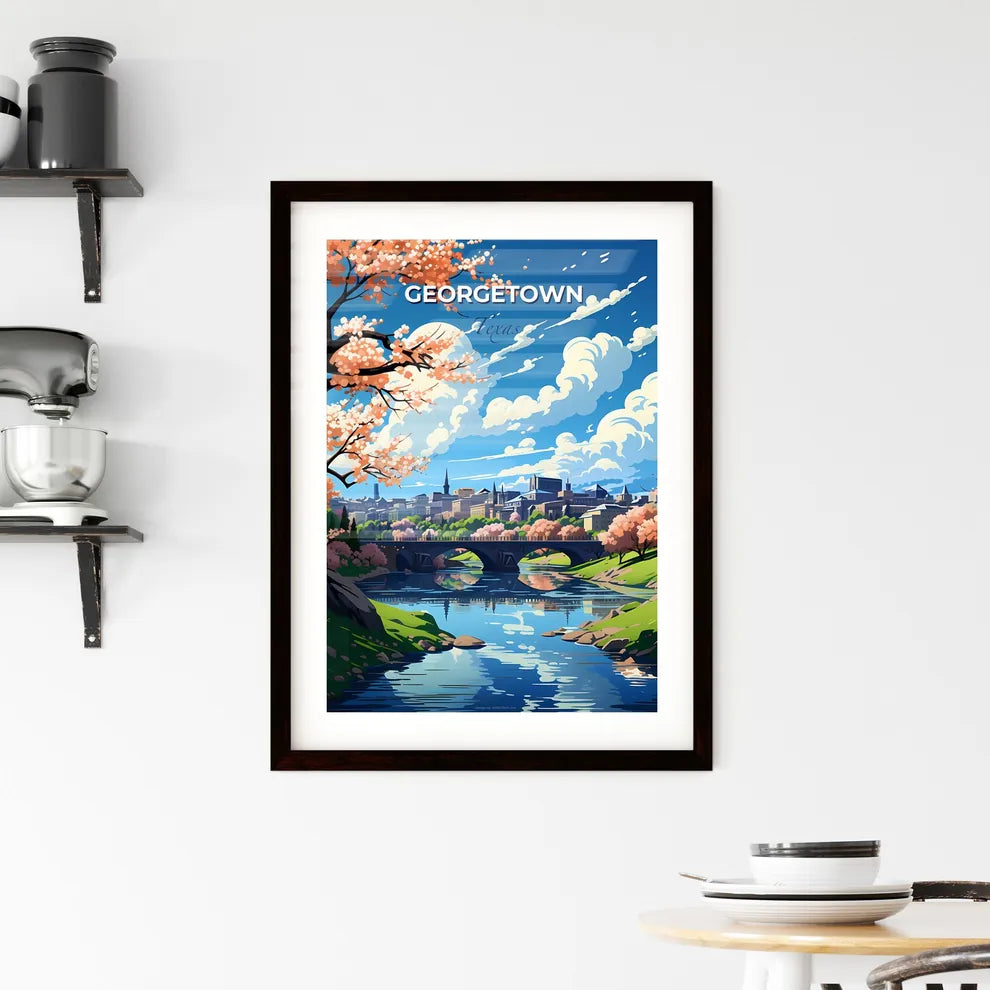 Georgetown, Texas, A Poster of a bridge over a river with pink trees and a city in the background Default Title