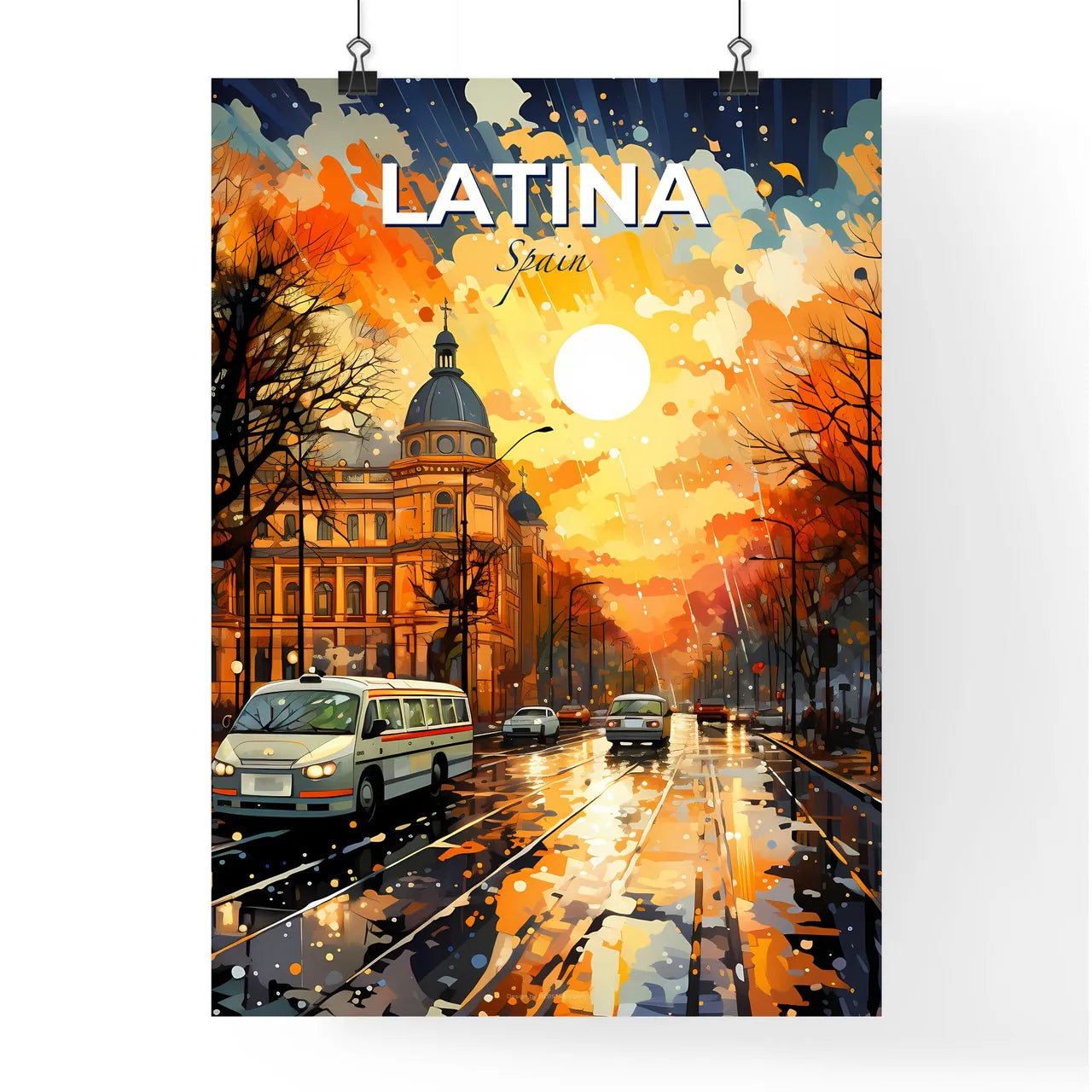 Latina, Spain, A Poster of a street with cars and trees and a building with a dome roof Default Title