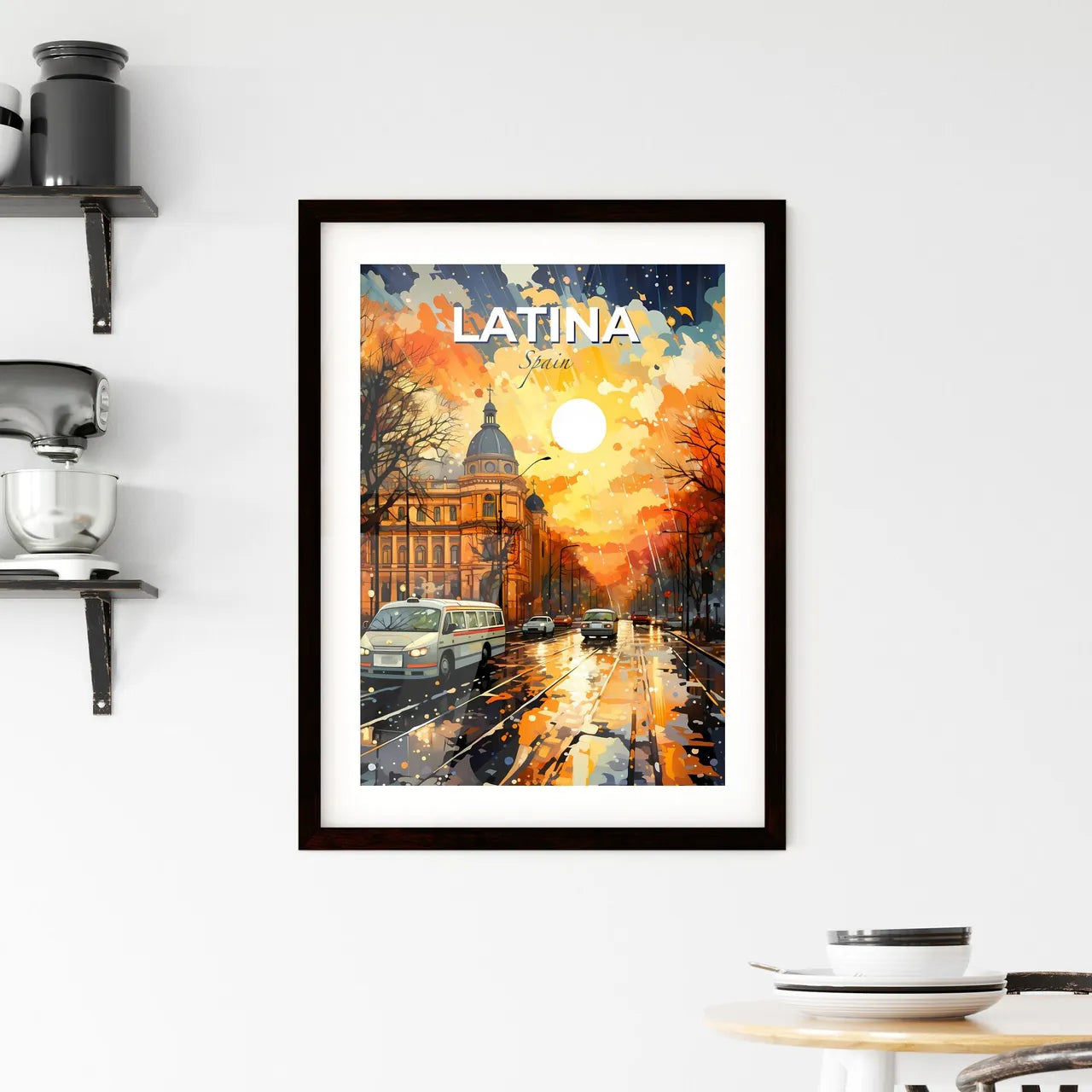 Latina, Spain, A Poster of a street with cars and trees and a building with a dome roof Default Title