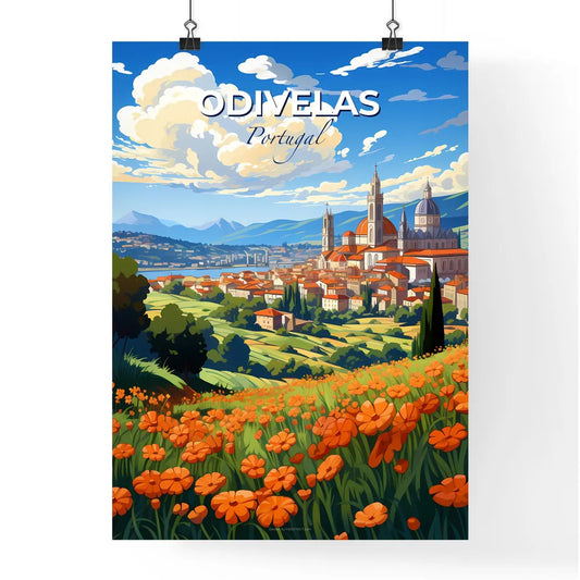 Odivelas, Portugal, A Poster of a landscape with orange flowers and a city Default Title
