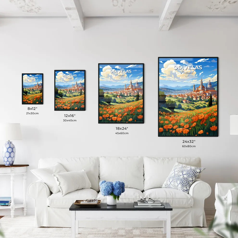 Odivelas, Portugal, A Poster of a landscape with orange flowers and a city Default Title