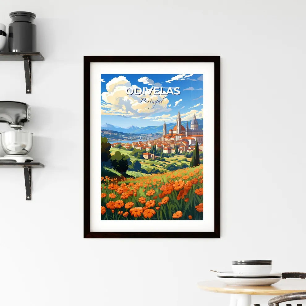 Odivelas, Portugal, A Poster of a landscape with orange flowers and a city Default Title