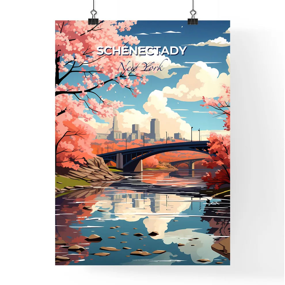 Schenectady, New York, A Poster of a bridge over a river with pink flowers Default Title