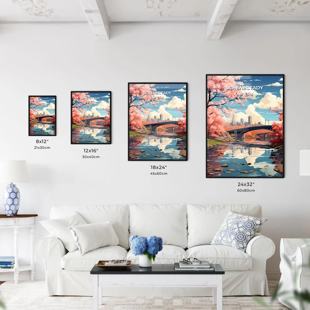 Schenectady, New York, A Poster of a bridge over a river with pink flowers Default Title