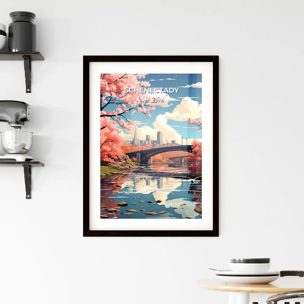 Schenectady, New York, A Poster of a bridge over a river with pink flowers Default Title