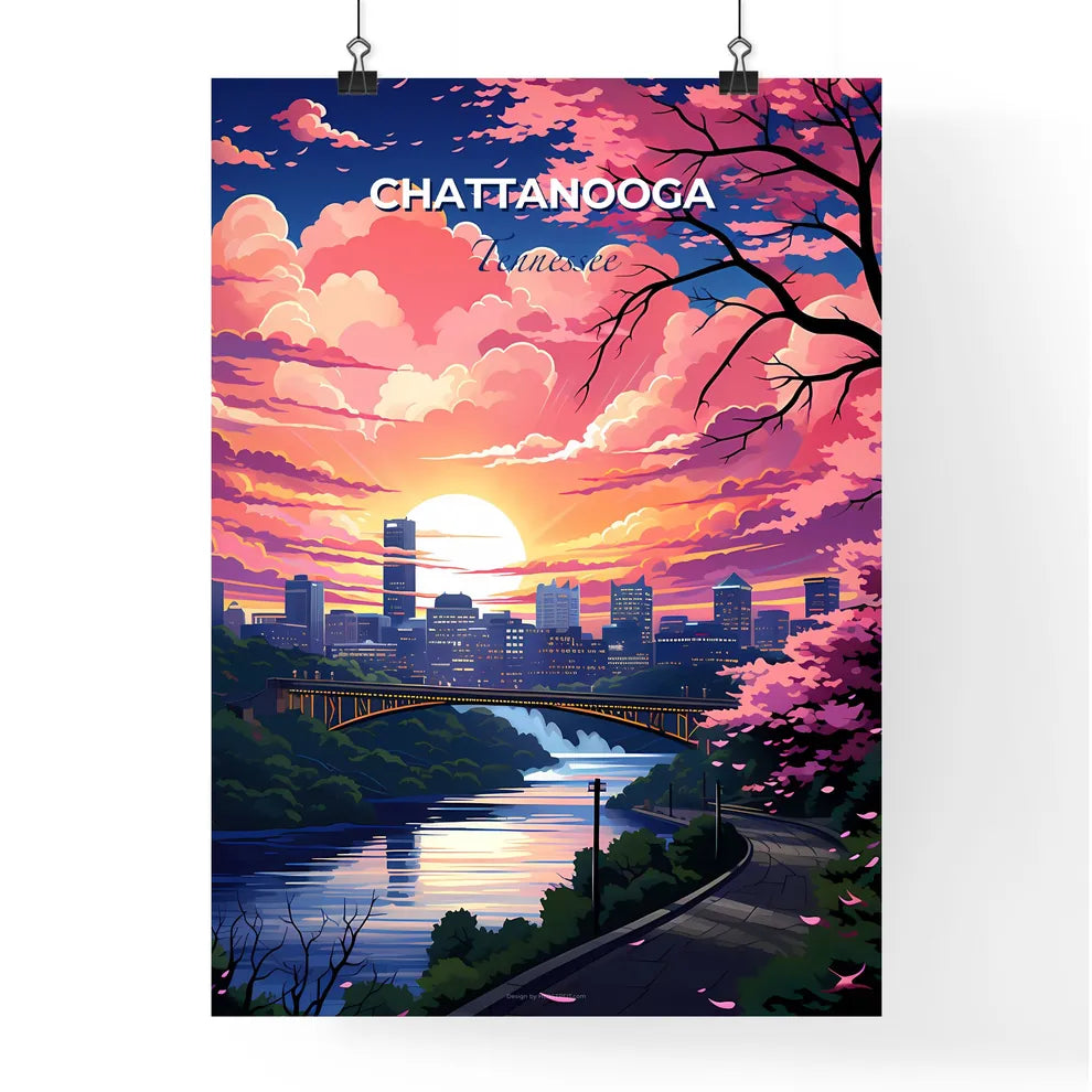 Chattanooga, Tennessee, A Poster of a bridge over a river with trees and a city in the background Default Title