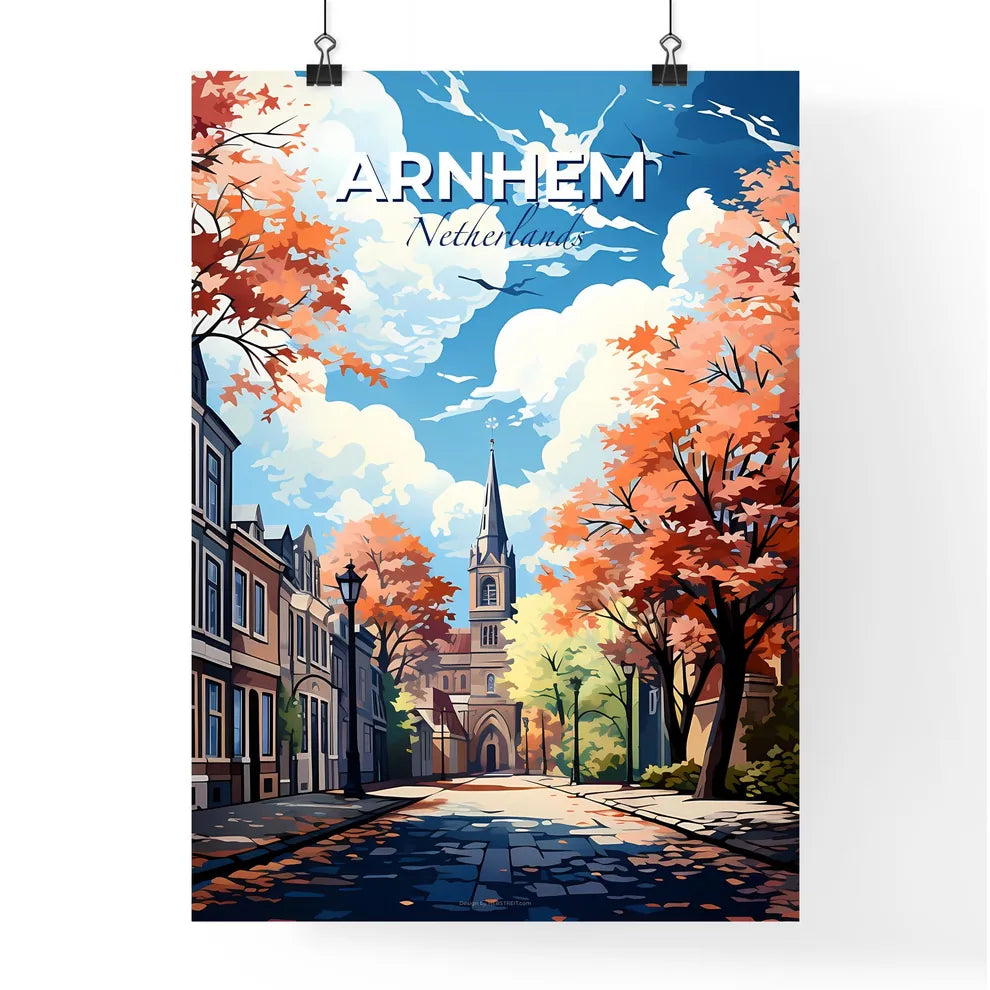 Arnhem, Netherlands, A Poster of a street with trees and a church Default Title