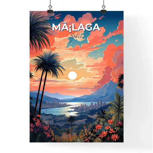 Mã¡Laga, Spain, A Poster of a landscape with palm trees and a city and mountains Default Title