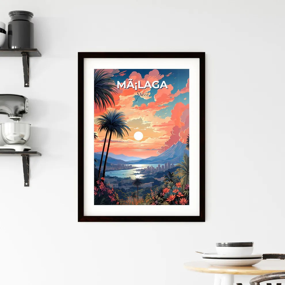 Mã¡Laga, Spain, A Poster of a landscape with palm trees and a city and mountains Default Title