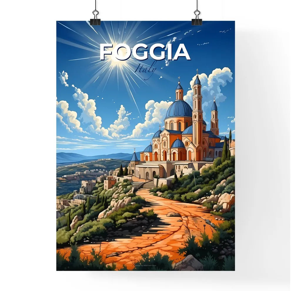 Foggia, Italy, A Poster of a building on a hill with a road and the sun Default Title