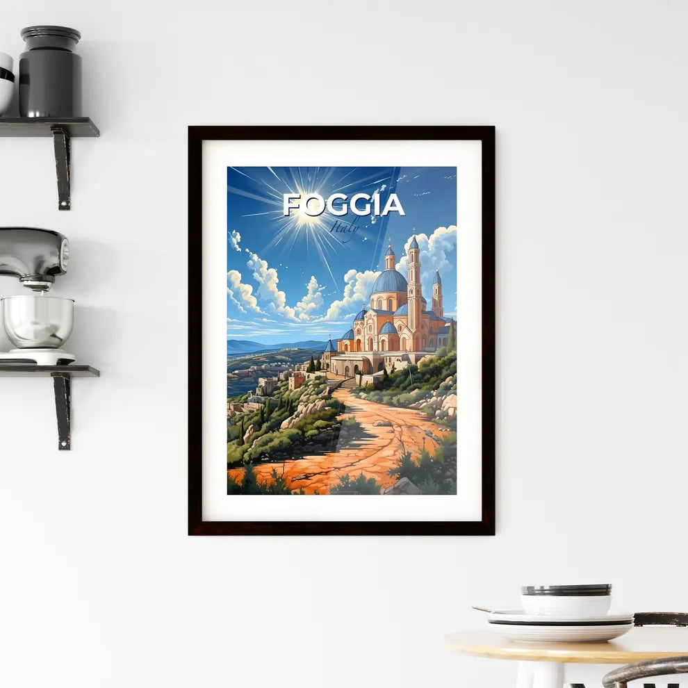 Foggia, Italy, A Poster of a building on a hill with a road and the sun Default Title