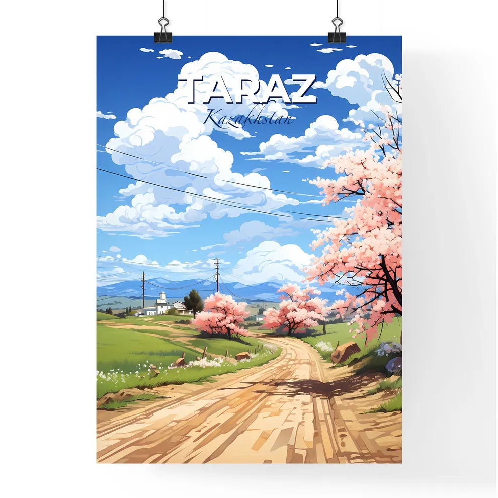 Taraz, Kazakhstan, A Poster of a road with pink flowers and trees on a sunny day Default Title