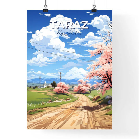 Taraz, Kazakhstan, A Poster of a road with pink flowers and trees on a sunny day Default Title