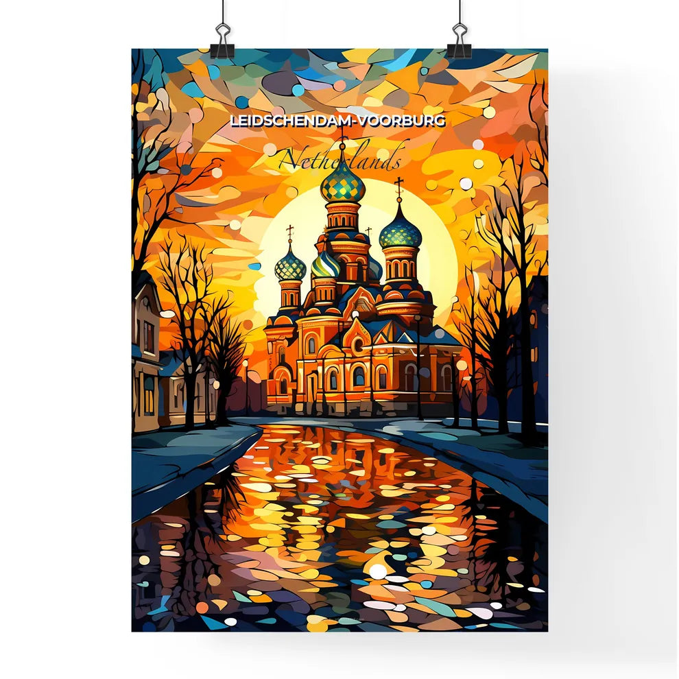 Leidschendam-Voorburg, Netherlands, A Poster of a painting of a church with a sunset behind it Default Title