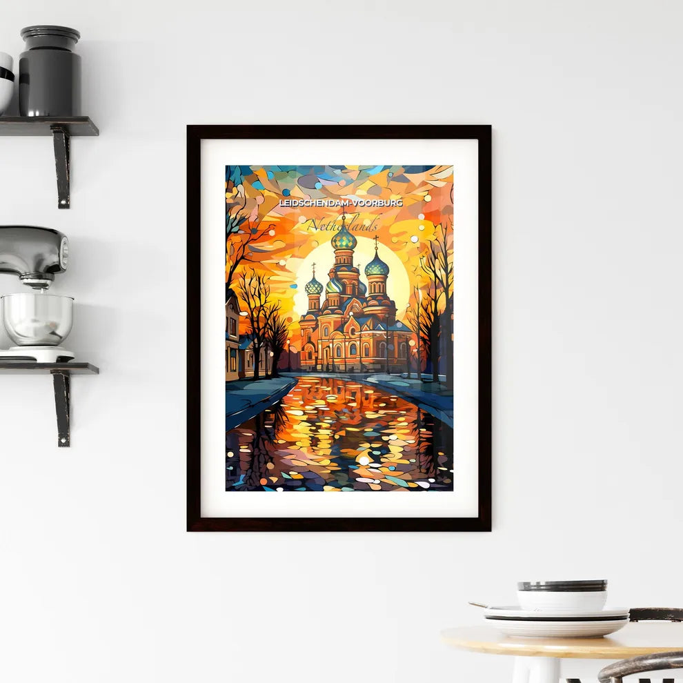 Leidschendam-Voorburg, Netherlands, A Poster of a painting of a church with a sunset behind it Default Title