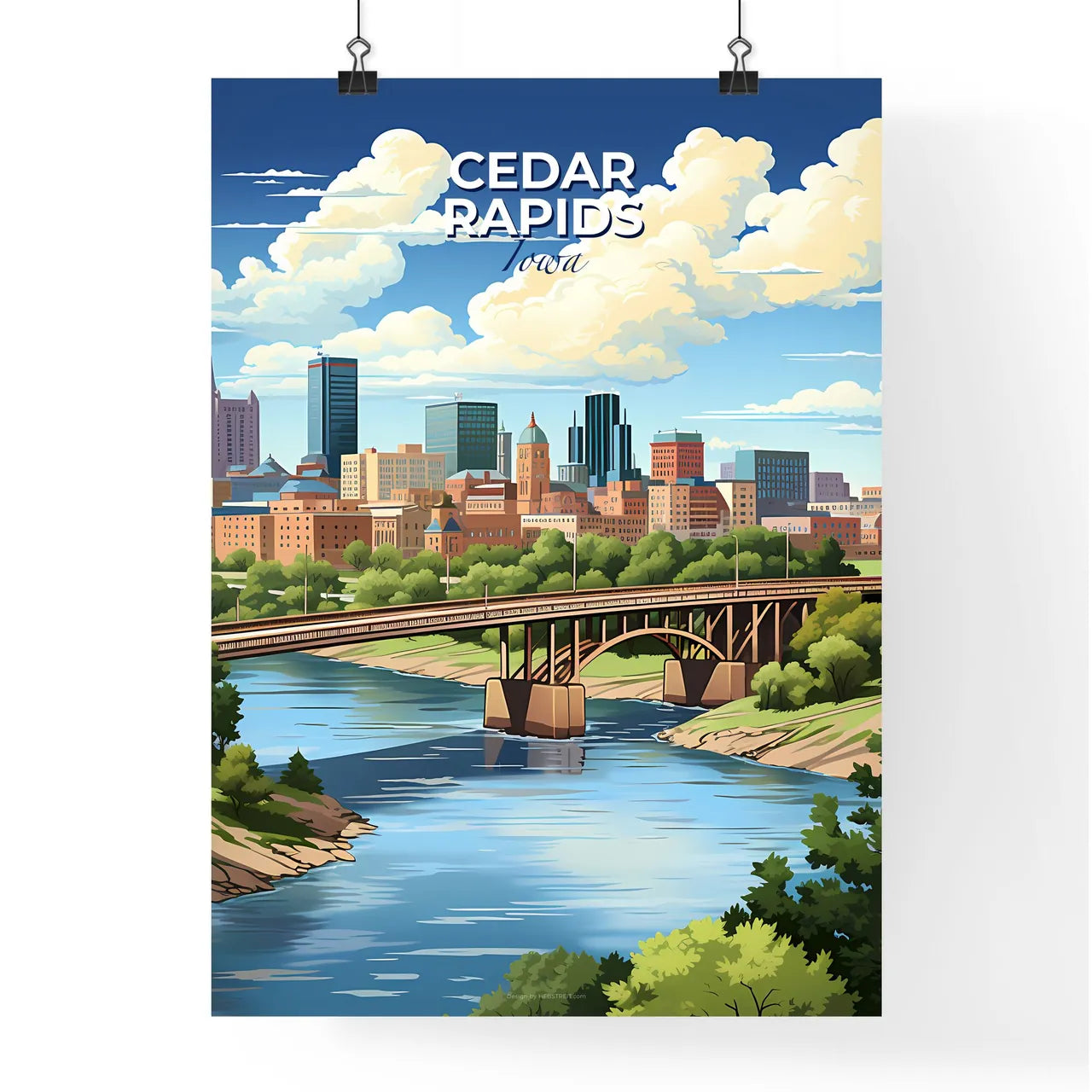Cedar Rapids, Iowa, A Poster of a bridge over a river with trees and buildings in the background Default Title