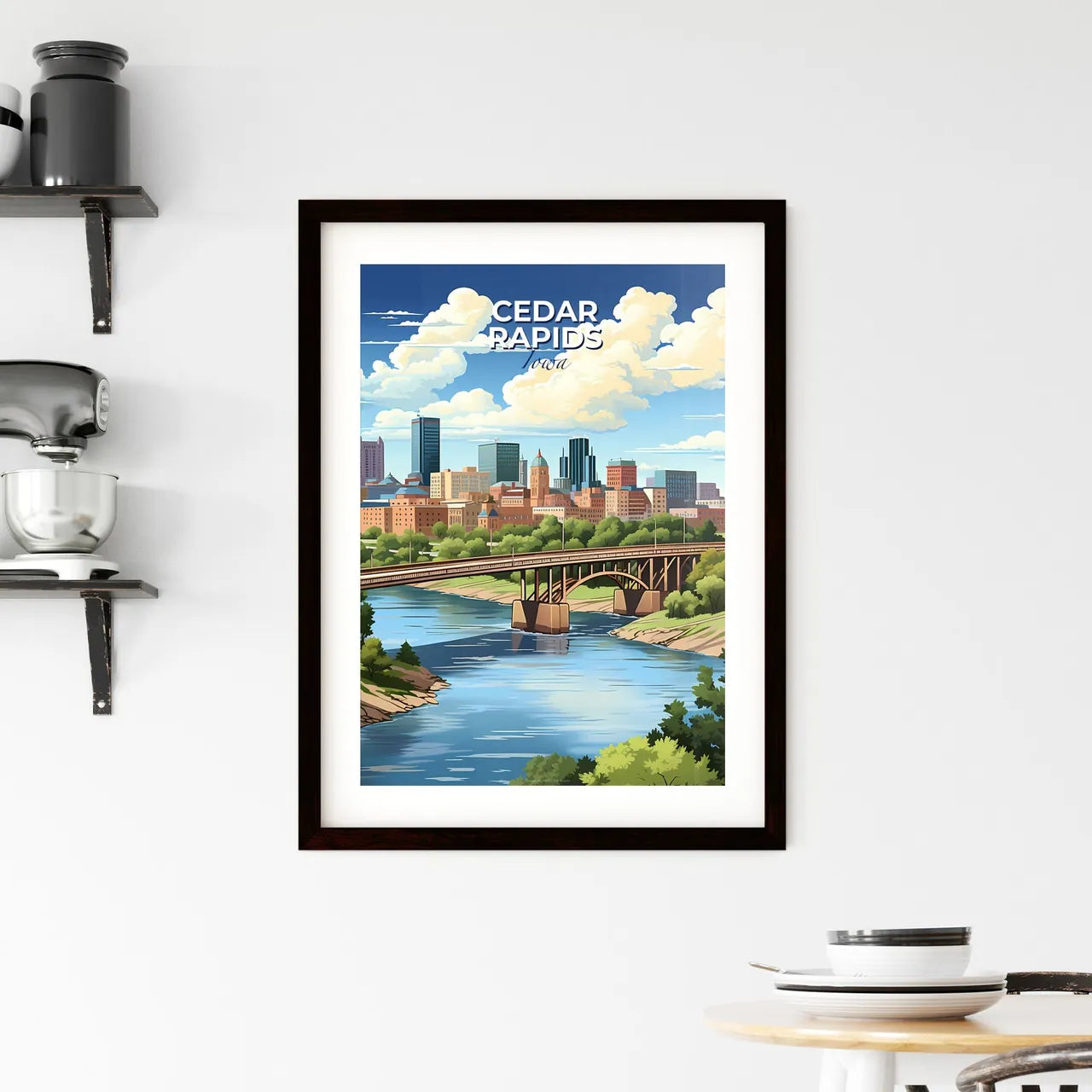 Cedar Rapids, Iowa, A Poster of a bridge over a river with trees and buildings in the background Default Title