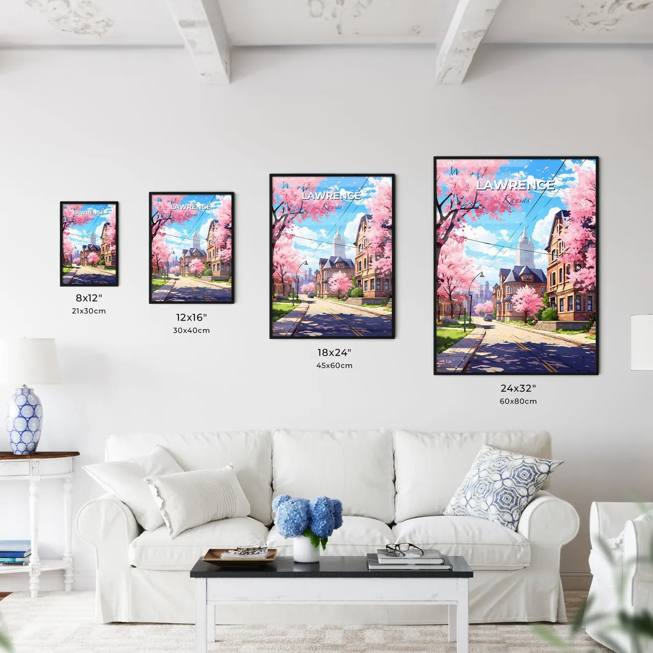 Lawrence, Kansas, A Poster of a street with pink trees and buildings Default Title
