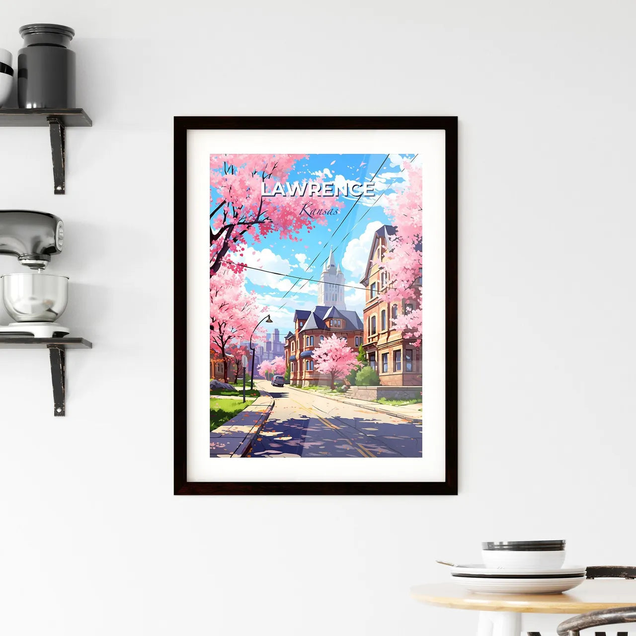 Lawrence, Kansas, A Poster of a street with pink trees and buildings Default Title