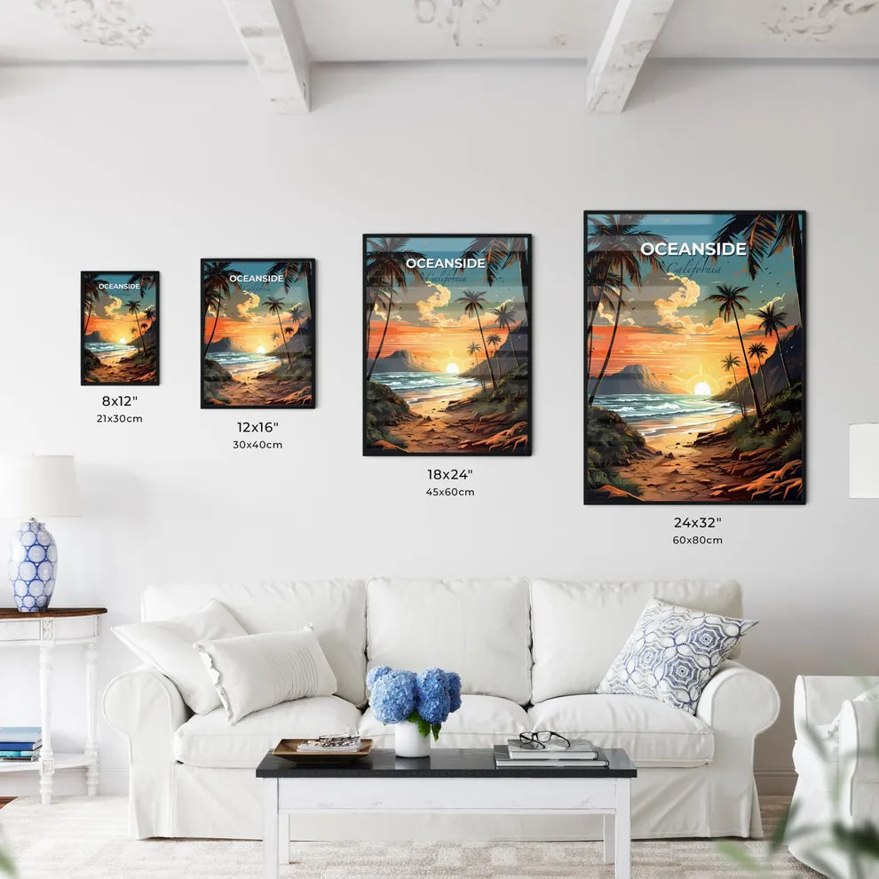 Oceanside, California, A Poster of a beach with palm trees and a sunset Default Title