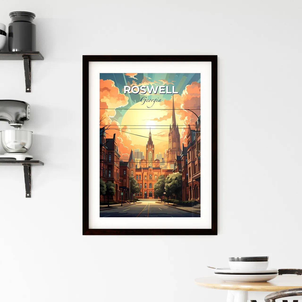 Roswell, Georgia, A Poster of a street with buildings and trees and a large sun Default Title