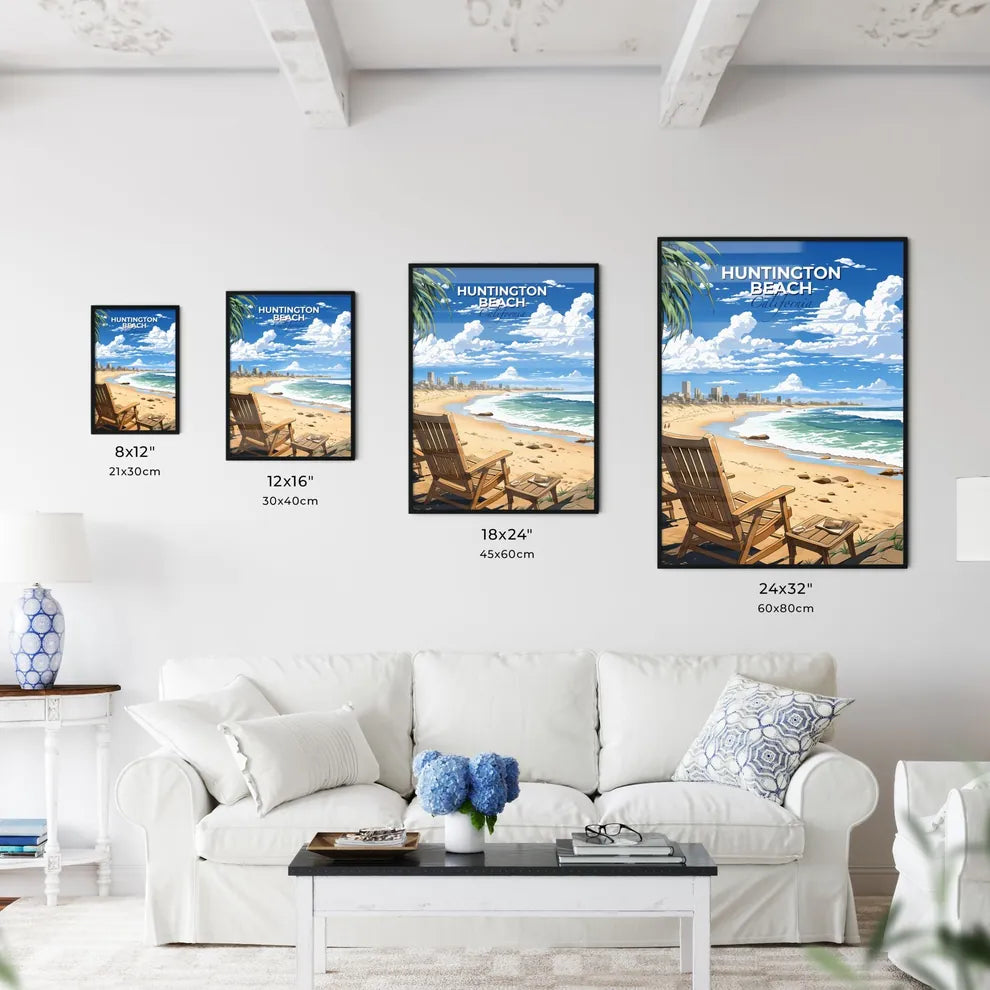 Huntington Beach, California, A Poster of a beach with chairs and palm trees Default Title