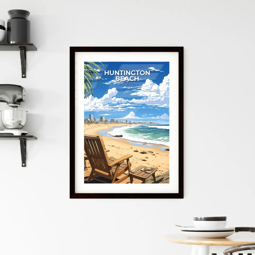 Huntington Beach, California, A Poster of a beach with chairs and palm trees Default Title