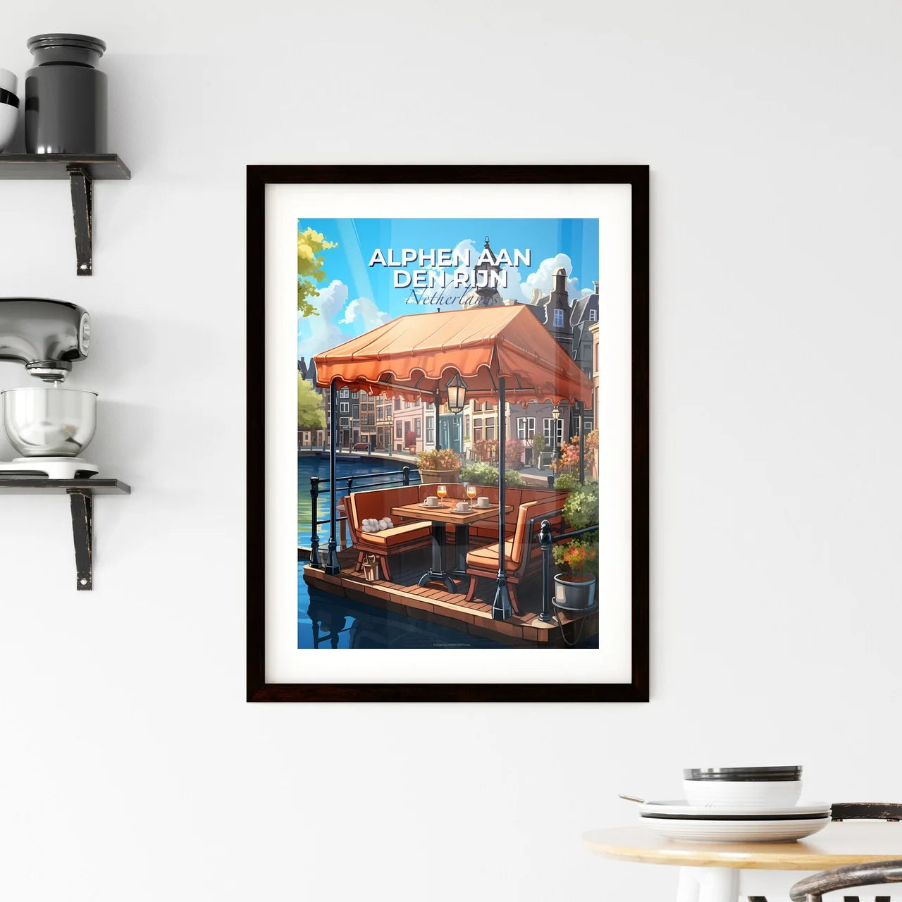 Alphen Aan Den Rijn, Netherlands, A Poster of a table and chairs on a dock by a river Default Title