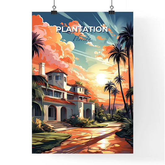 Plantation, Florida, A Poster of a house with palm trees and a sunset Default Title