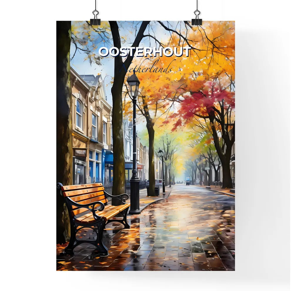 Oosterhout, Netherlands, A Poster of a bench on a wet street Default Title