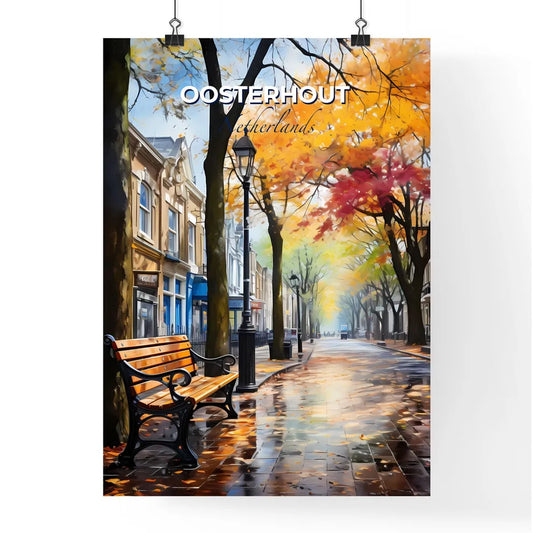 Oosterhout, Netherlands, A Poster of a bench on a wet street Default Title