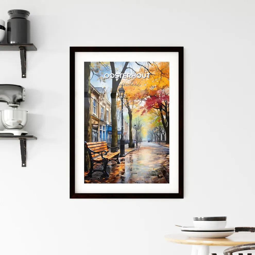 Oosterhout, Netherlands, A Poster of a bench on a wet street Default Title