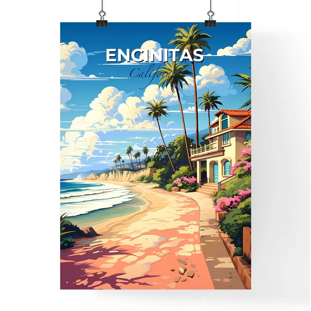 Encinitas, California, A Poster of a beach with a house and palm trees Default Title