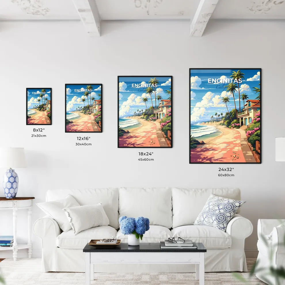 Encinitas, California, A Poster of a beach with a house and palm trees Default Title