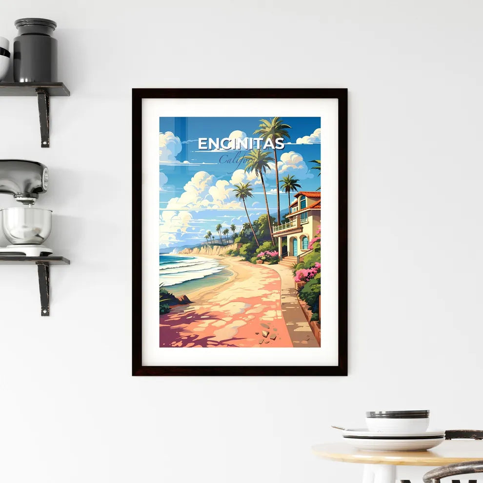 Encinitas, California, A Poster of a beach with a house and palm trees Default Title