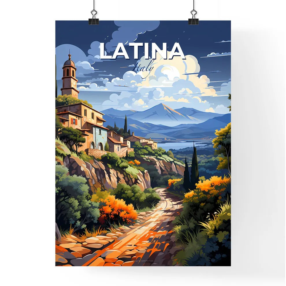 Latina, Italy, A Poster of a landscape with a road and buildings on a hill Default Title