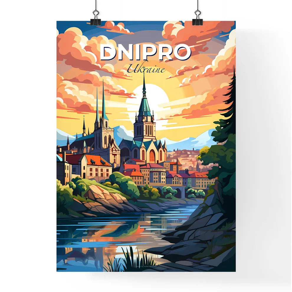 Dnipro, Ukraine, A Poster of a painting of a city with a river and trees Default Title