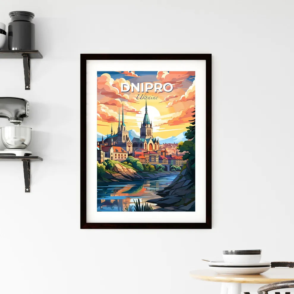 Dnipro, Ukraine, A Poster of a painting of a city with a river and trees Default Title