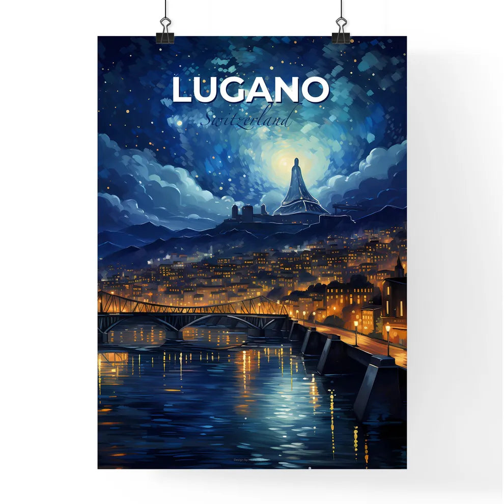 Lugano, Switzerland, A Poster of a bridge over a river with a city in the background Default Title