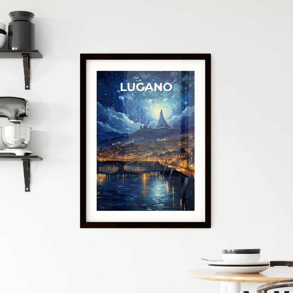 Lugano, Switzerland, A Poster of a bridge over a river with a city in the background Default Title