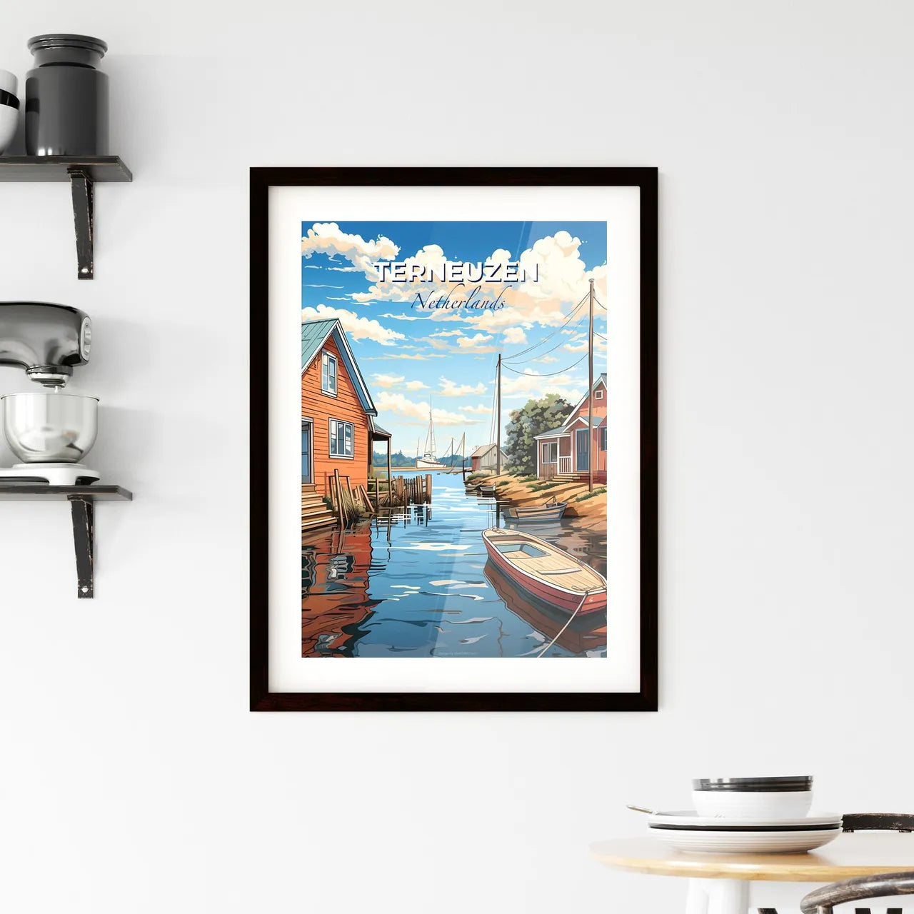 Terneuzen, Netherlands, A Poster of a water way with boats and houses Default Title