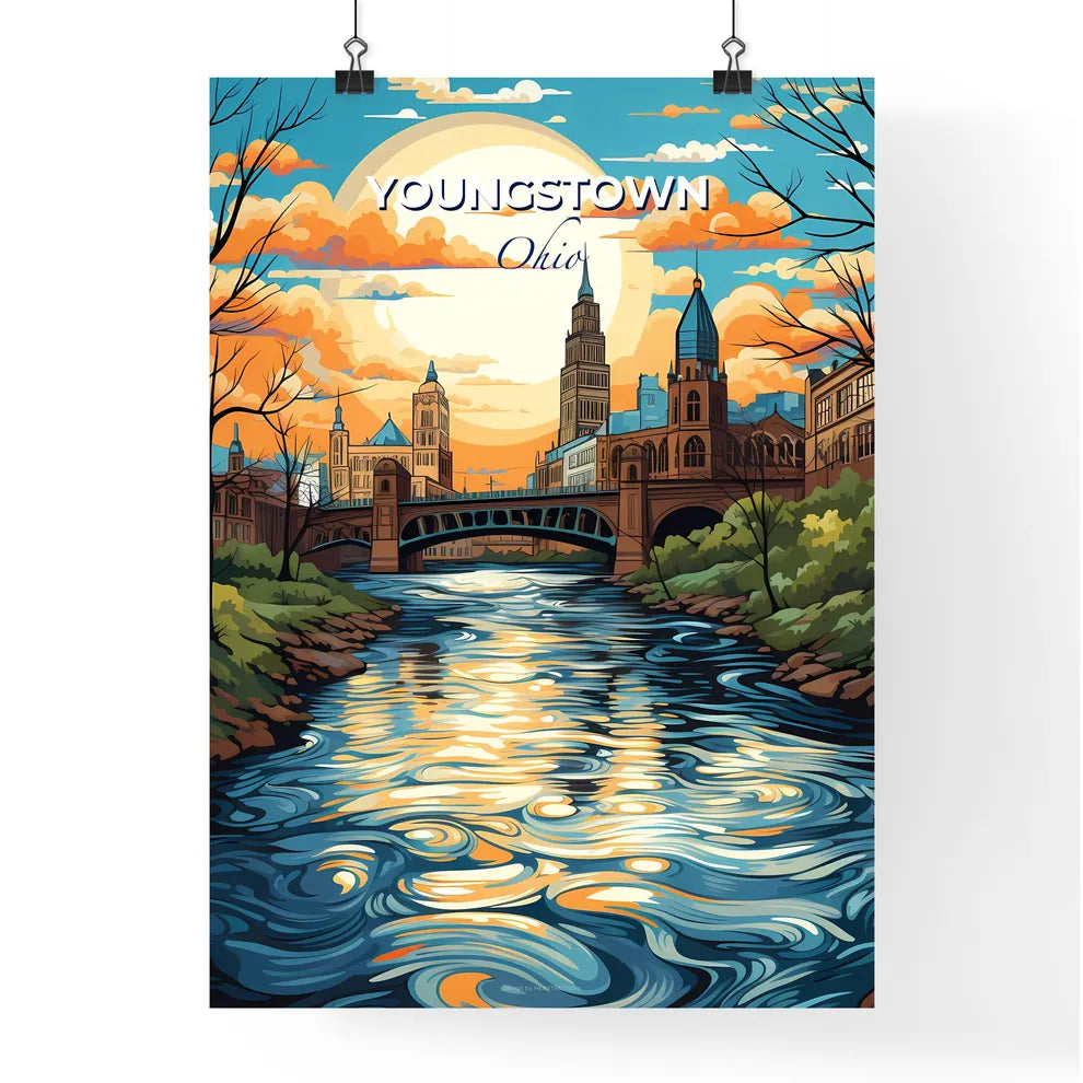Youngstown, Ohio, A Poster of a river with a bridge and trees and a city with a sunset Default Title